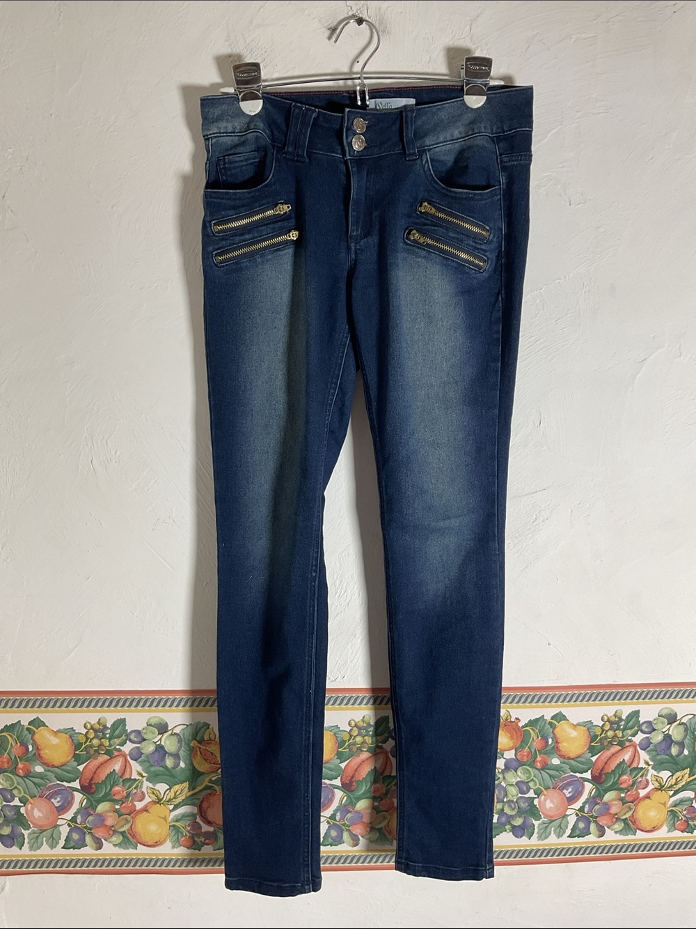 Cello Jeans Gold Zipper Skinny Jeans Double Button Size 7 Dark Wash